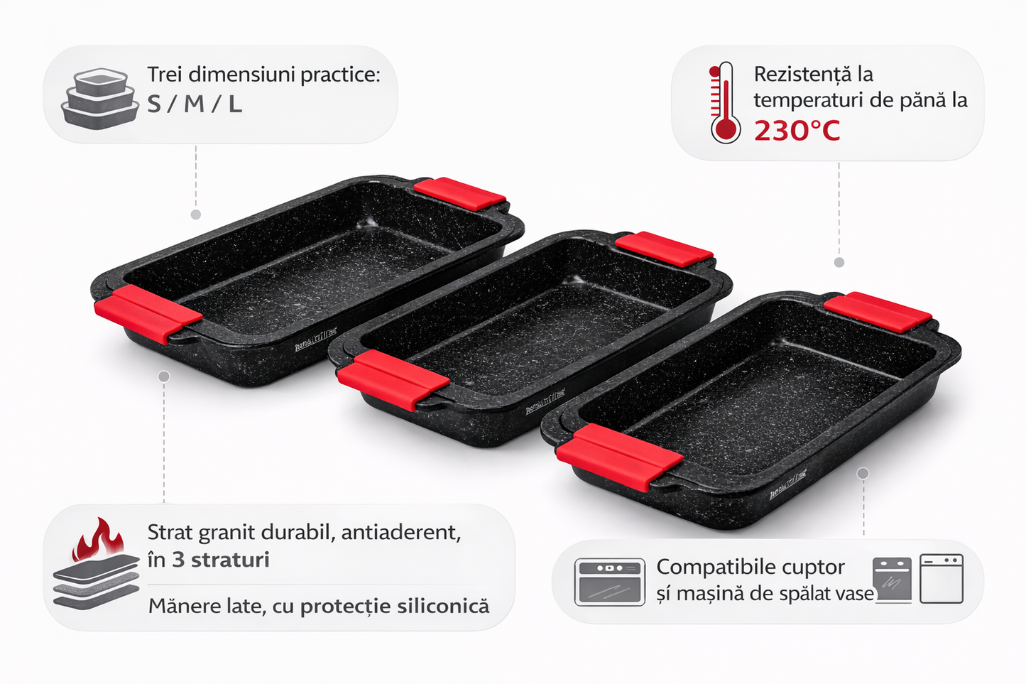 Set 3 Tavi de Copt cu Strat Granit, S/M/L, Antiaderente, PFOA Free