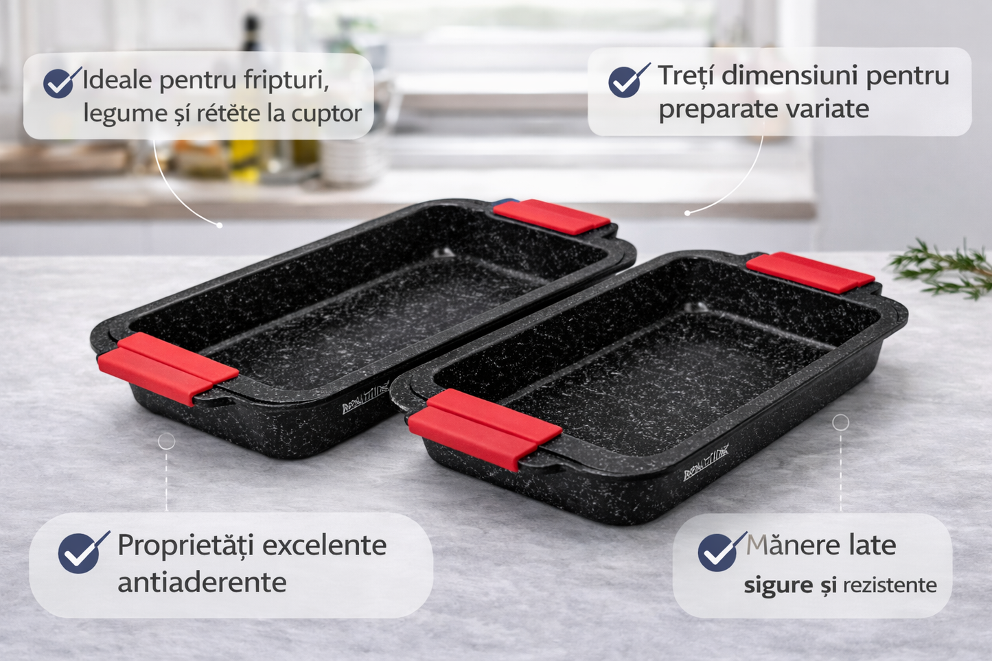 Set 3 Tavi de Copt cu Strat Granit, S/M/L, Antiaderente, PFOA Free