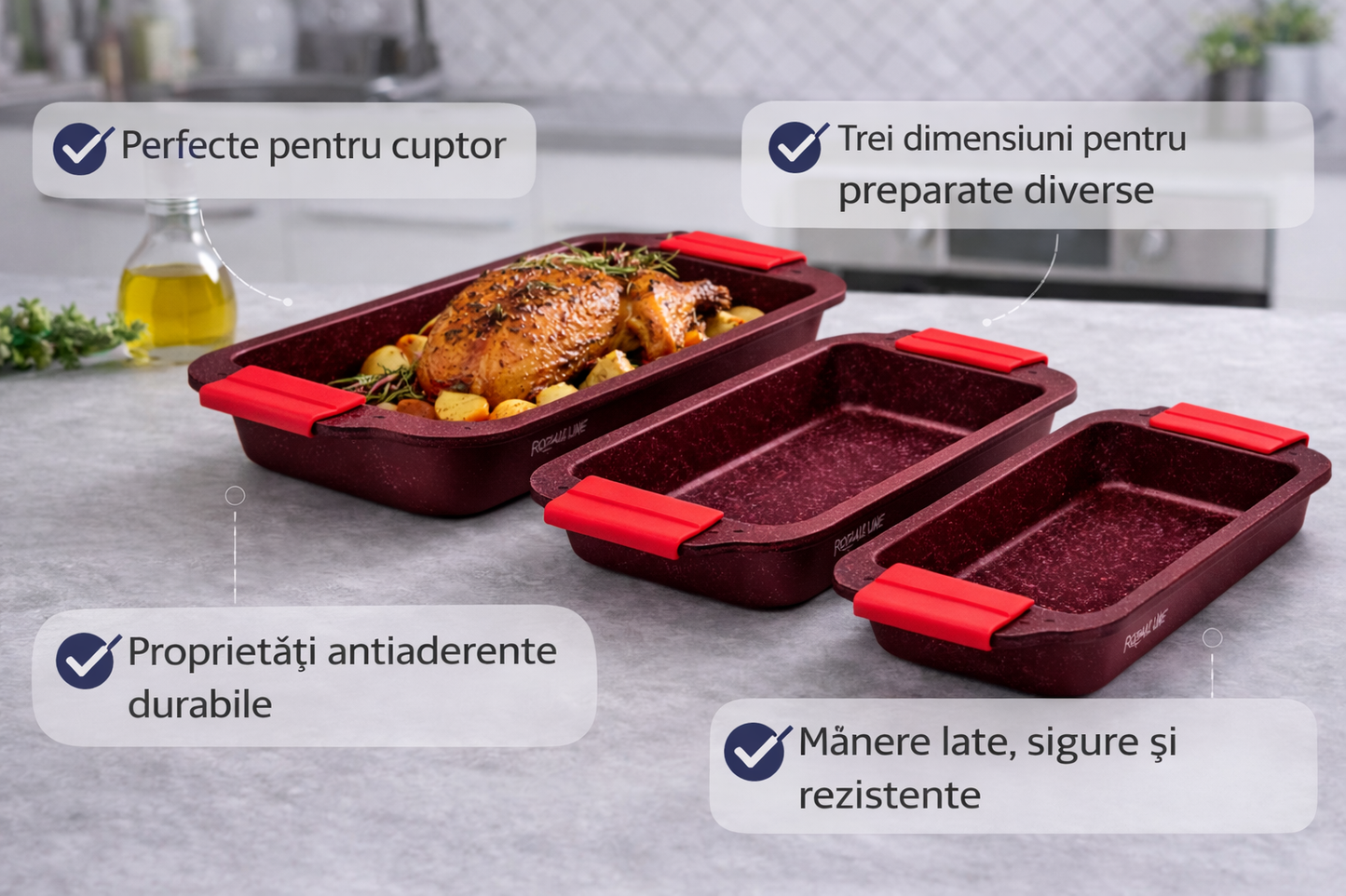Set 3 Tavi de Copt Royalty Line Granit Roasting Pan S/M/L, Antiaderente, PFOA Free