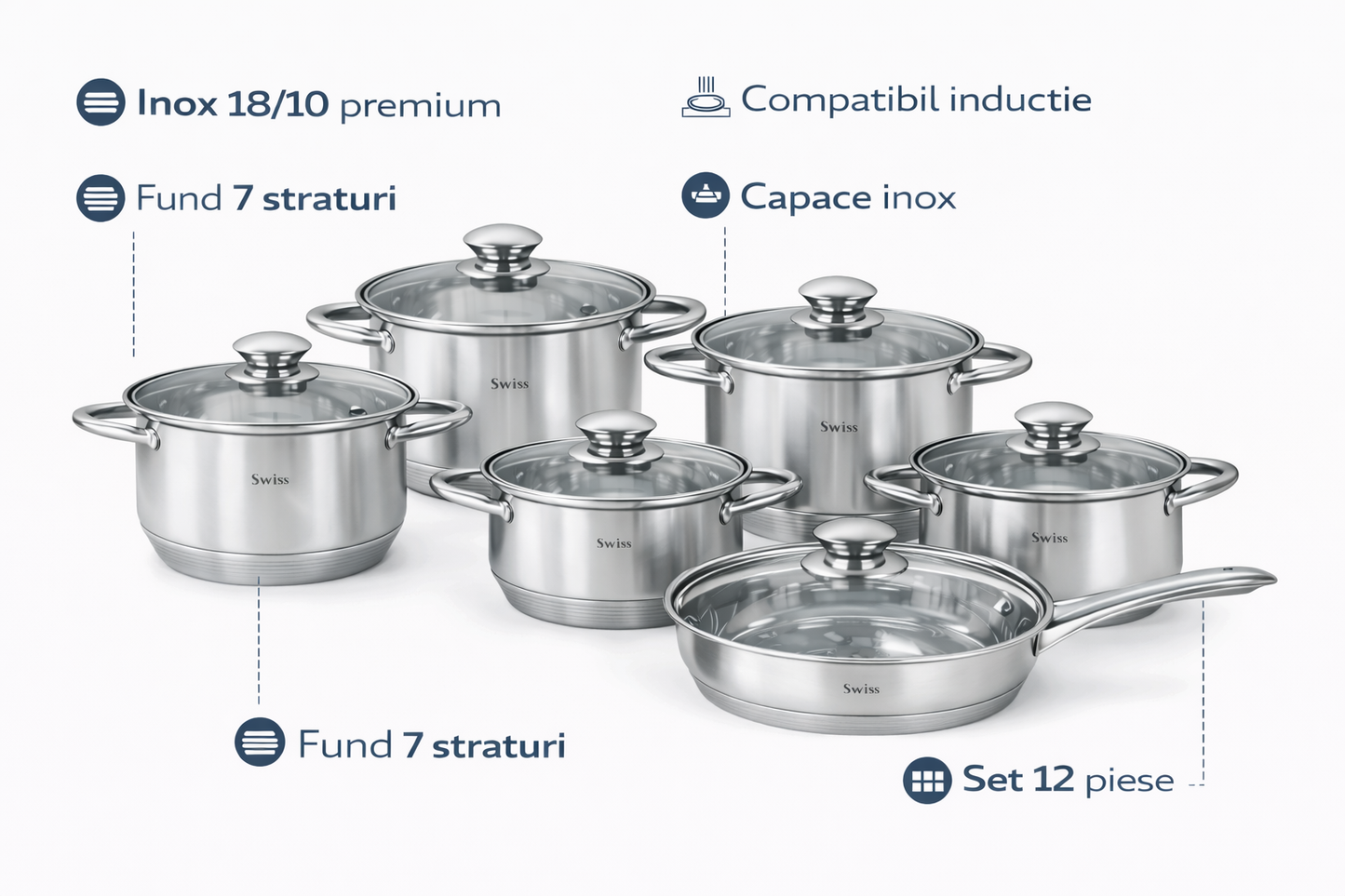 Set Oale Inox Swiss Zurich Extra Jumbo, 12 Piese, Inox 18/10, Compatibil Inductie