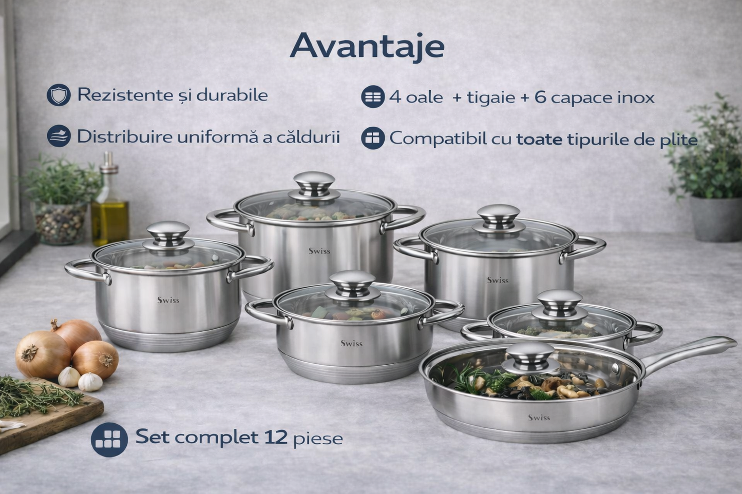 Set Oale Inox Swiss Zurich Extra Jumbo, 12 Piese, Inox 18/10, Compatibil Inductie