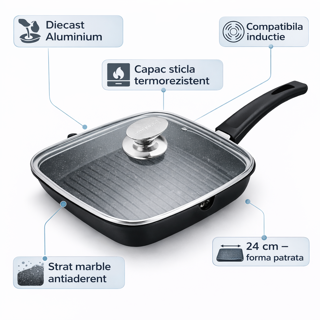 Tigaie Grill Patrata 24 cm, Capac Sticla, Aluminiu Turnat, Royalty Line
