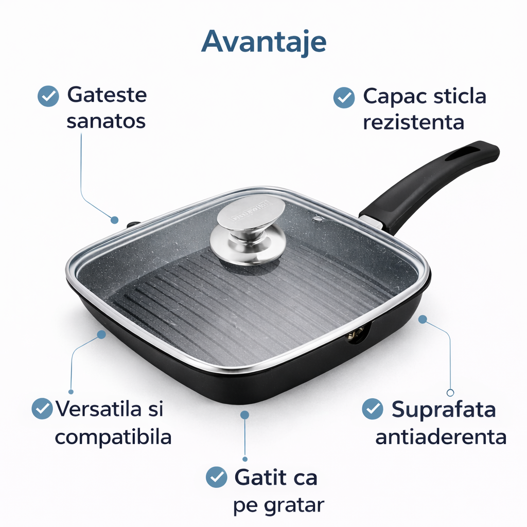 Tigaie Grill Patrata 24 cm, Capac Sticla, Aluminiu Turnat, Royalty Line
