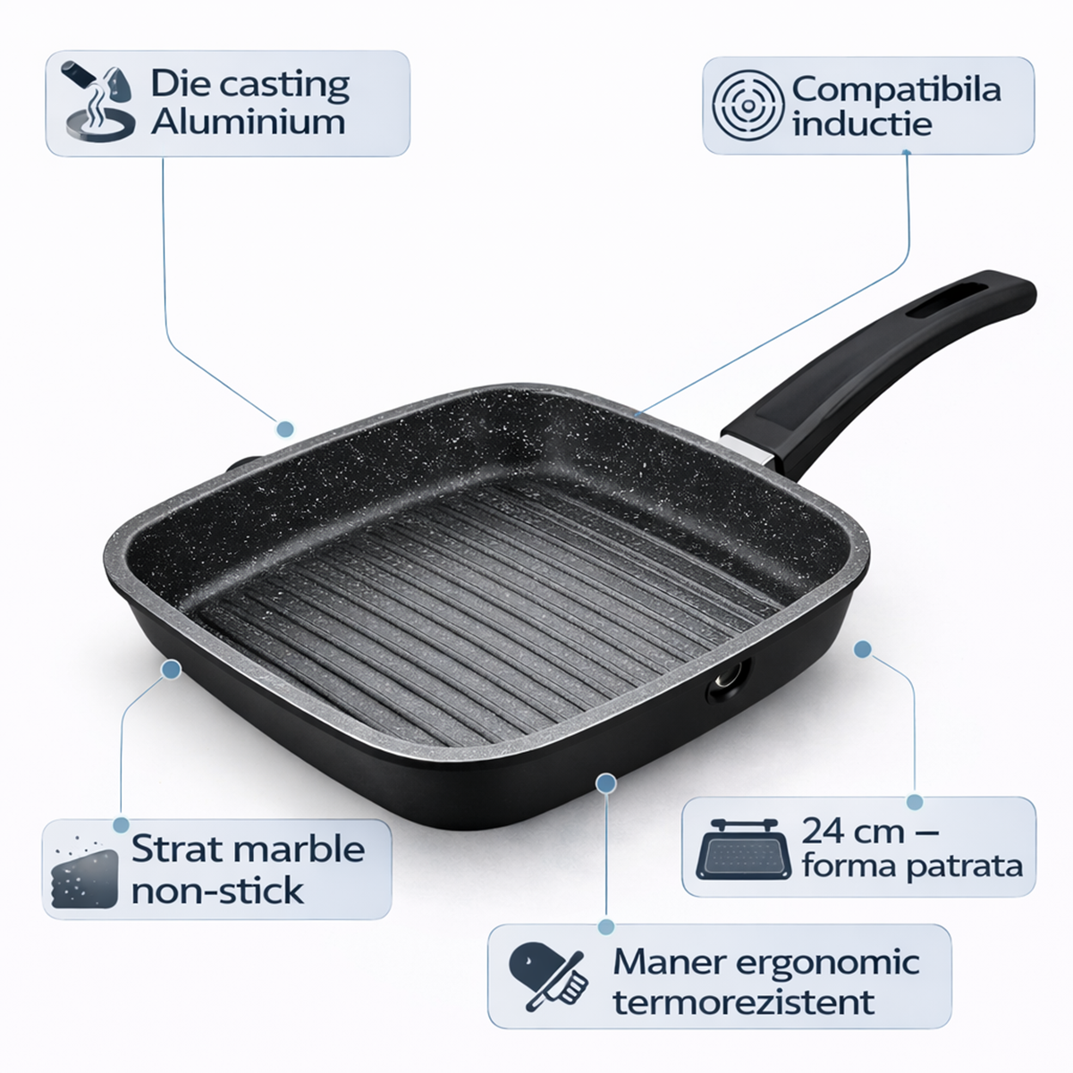 Tigaie Grill Patrata 24 cm, Antiaderenta Marble, Compatibila Inductie