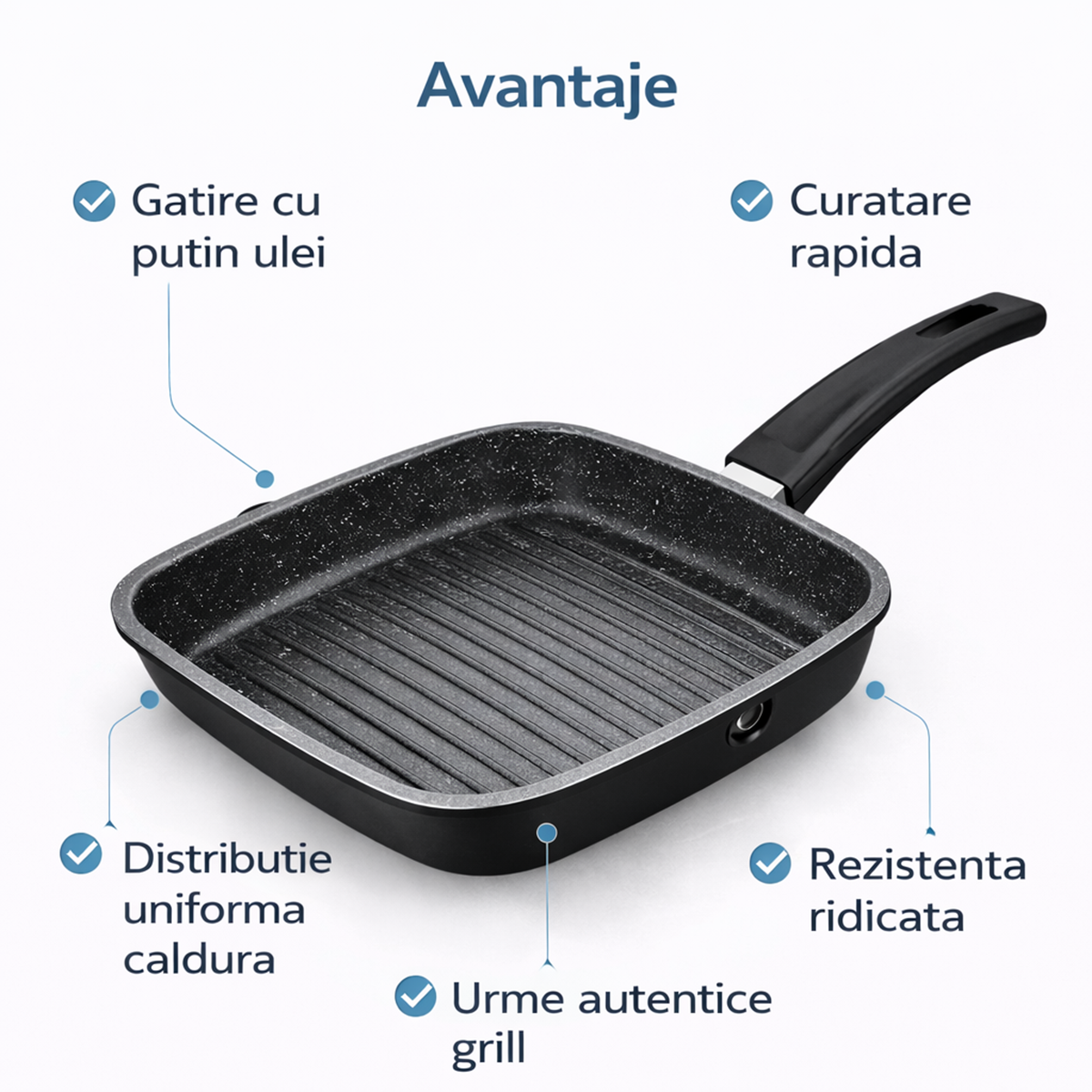 Tigaie Grill Patrata 24 cm, Antiaderenta Marble, Compatibila Inductie