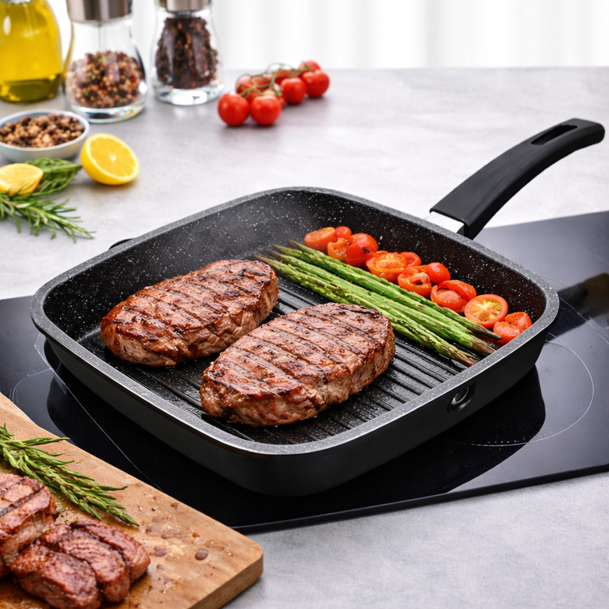 Tigaie Grill Patrata 24 cm, Antiaderenta Marble, Compatibila Inductie