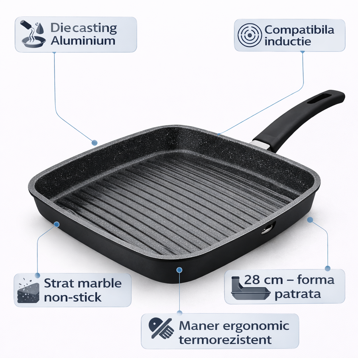 Tigaie Grill Patrata 28 cm, Antiaderenta Marble, Compatibila Inductie