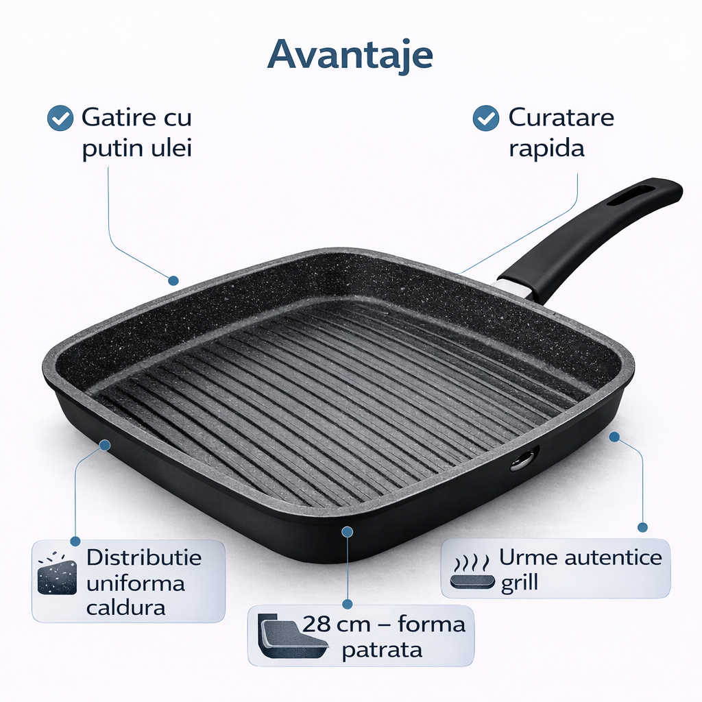 Tigaie Grill Patrata 28 cm, Antiaderenta Marble, Compatibila Inductie