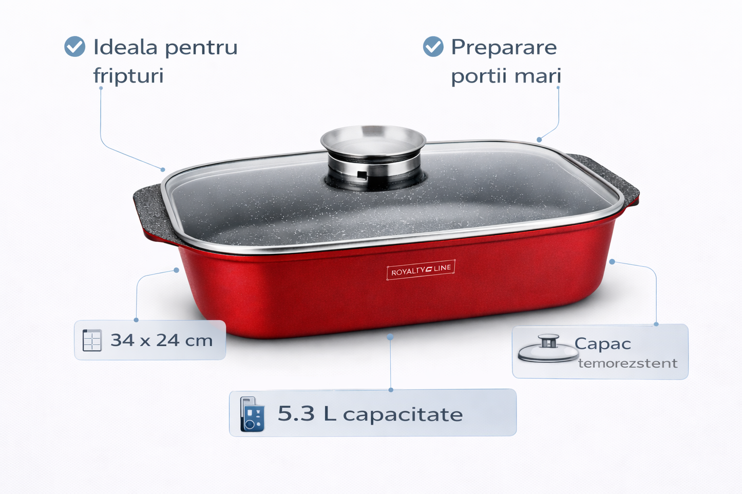 Tava Cuptor 5.3L cu Capac Sticla, 34 x 24 cm, Antiaderenta Marble