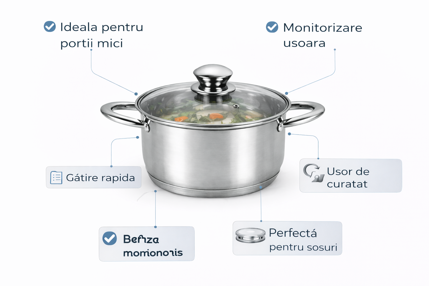 Oala Inox 1.8L, 16 cm, Capac Sticla Termorezistenta, Compatibila Inductie