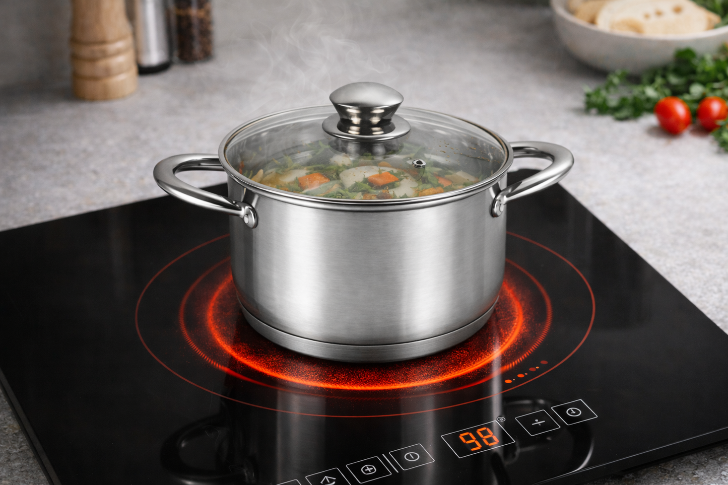 Oala Inox 1.8L, 16 cm, Capac Sticla Termorezistenta, Compatibila Inductie
