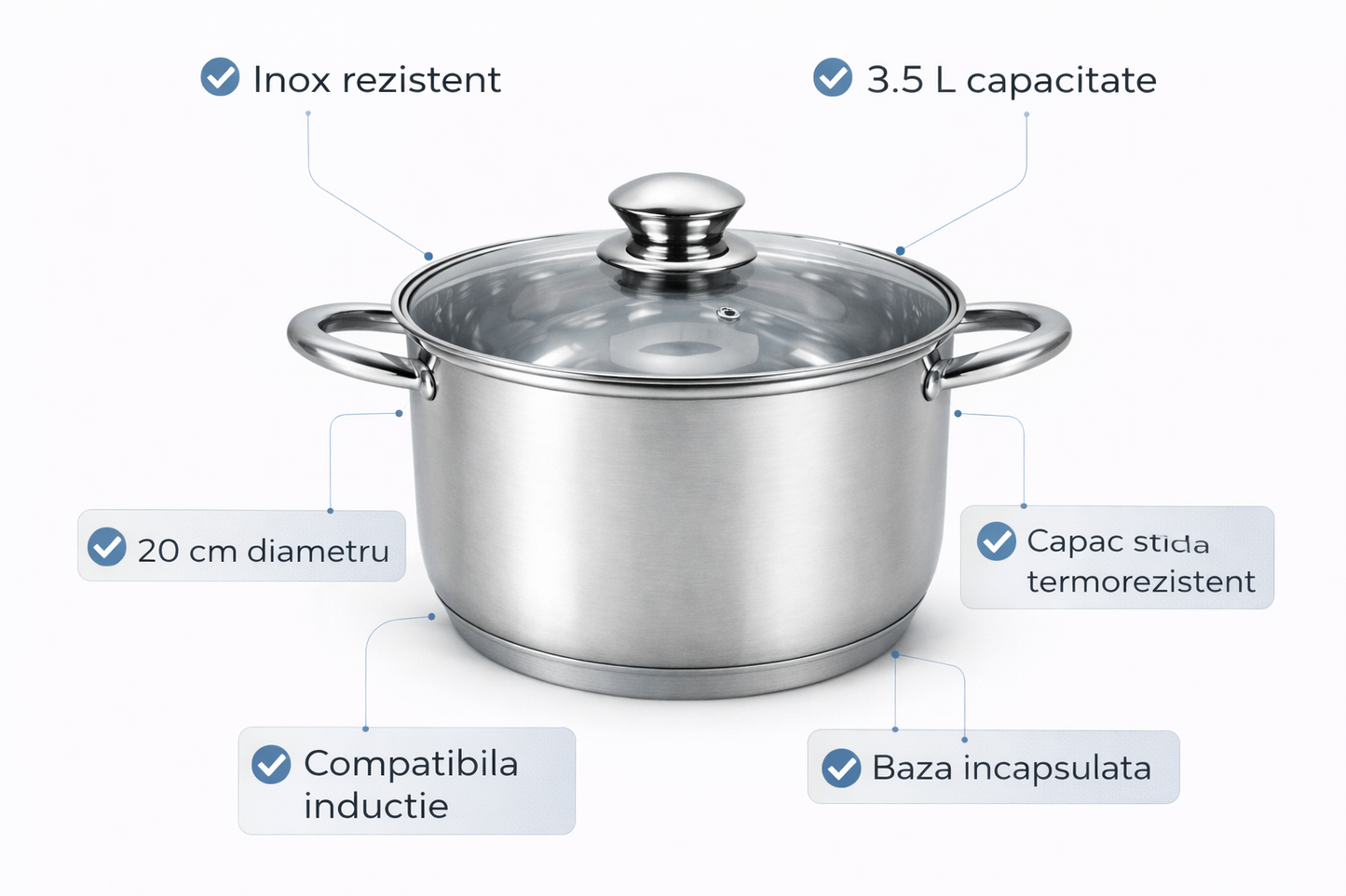 Oala inox 3.5L, 20 cm, capac sticla termorezistenta, inductie