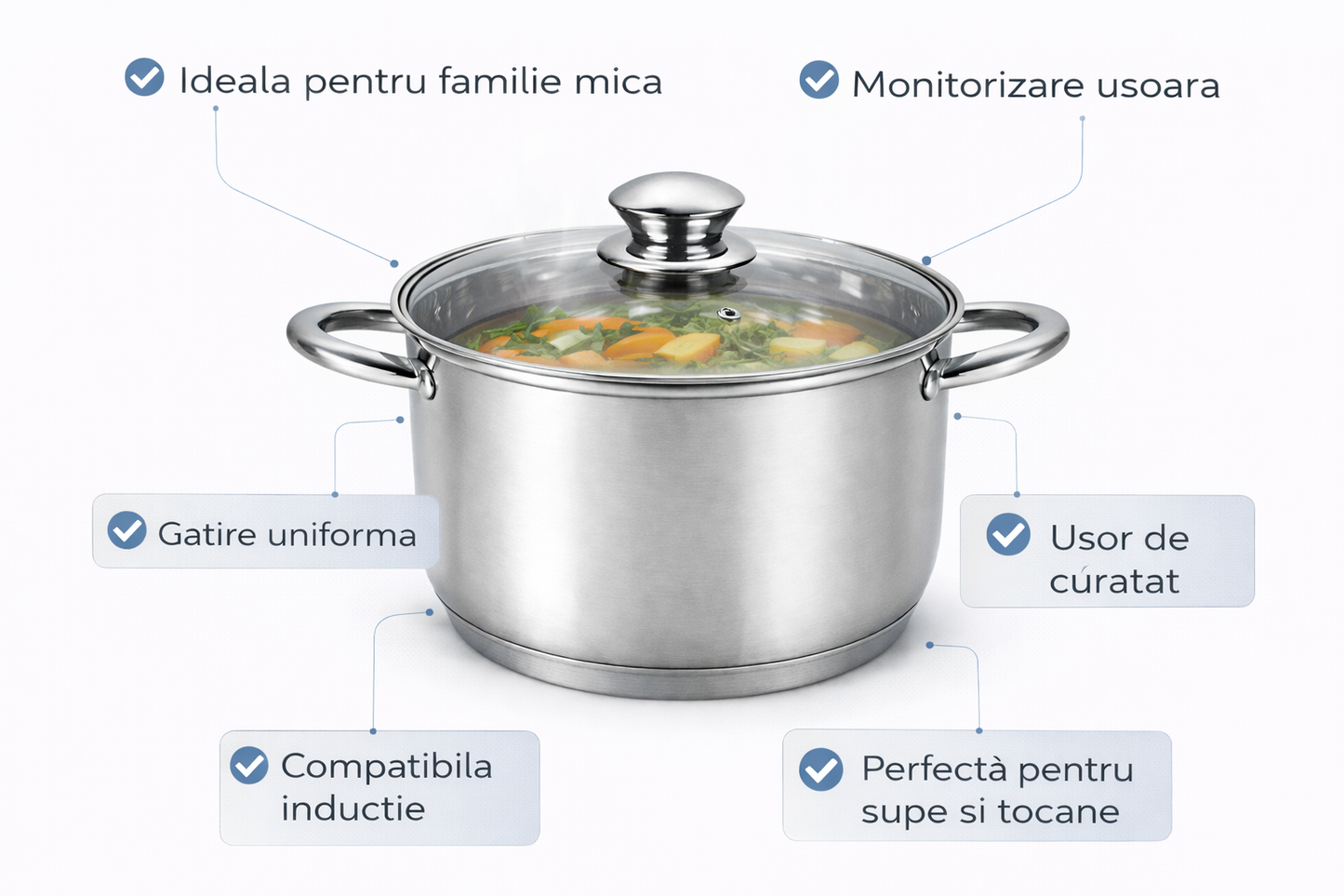 Oala inox 3.5L, 20 cm, capac sticla termorezistenta, inductie