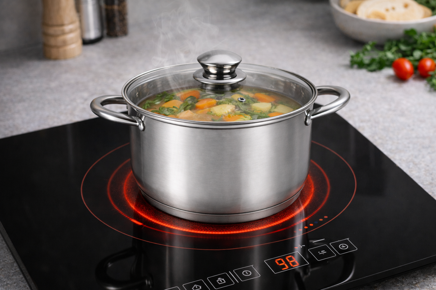 Oala inox 3.5L, 20 cm, capac sticla termorezistenta, inductie