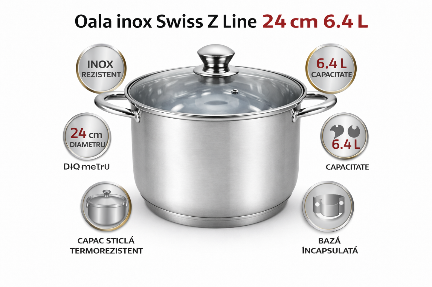 Oala Inox 6.4L, 24 cm, Capac Sticla, Compatibila Inductie