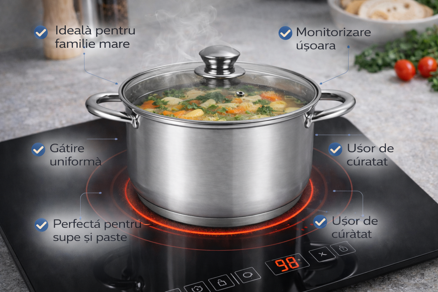 Oala Inox 6.4L, 24 cm, Capac Sticla, Compatibila Inductie