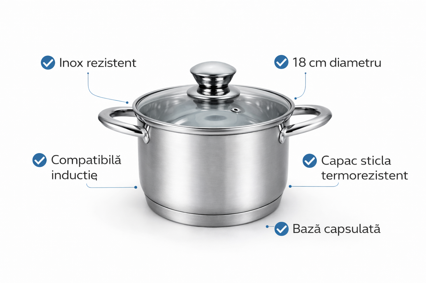 Oala Inox 2.6L, 18 cm, Capac Sticla Termorezistenta, Compatibila Inductie