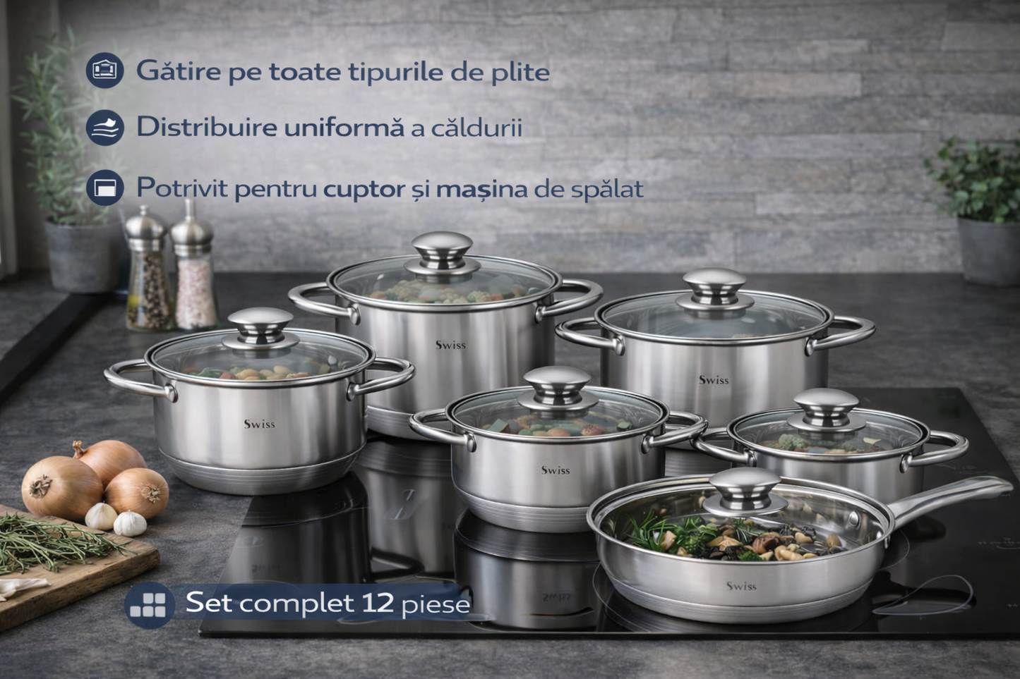 Set Oale Inox Swiss Zurich Extra Jumbo, 12 Piese, Inox 18/10, Compatibil Inductie