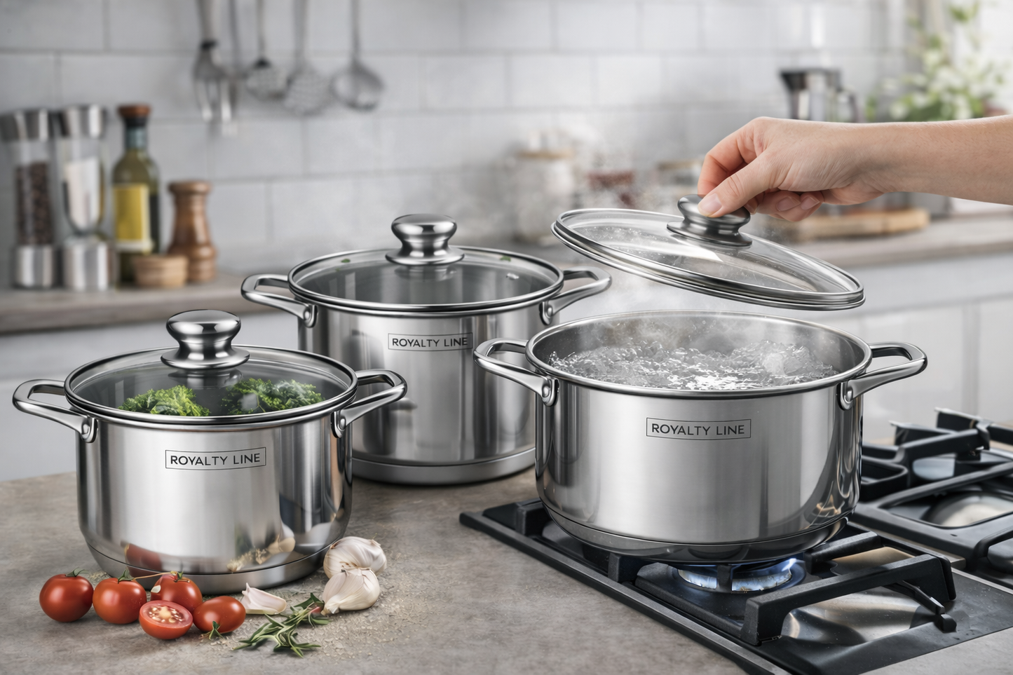 Set oale inox 6 piese, 3 oale cu capace, 5.8L, 7.3L si 9.1L