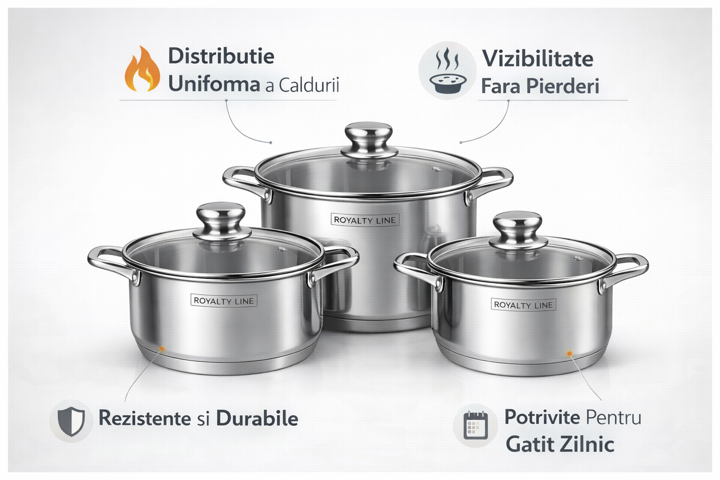 Set oale inox 6 piese, 3 oale cu capace, 5.8L, 7.3L si 9.1L