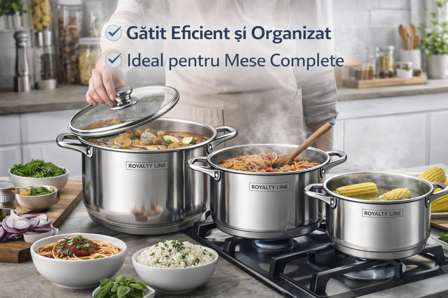 Set oale inox 6 piese, 3 oale cu capace, 5.3L, 6.8L si 8.8L