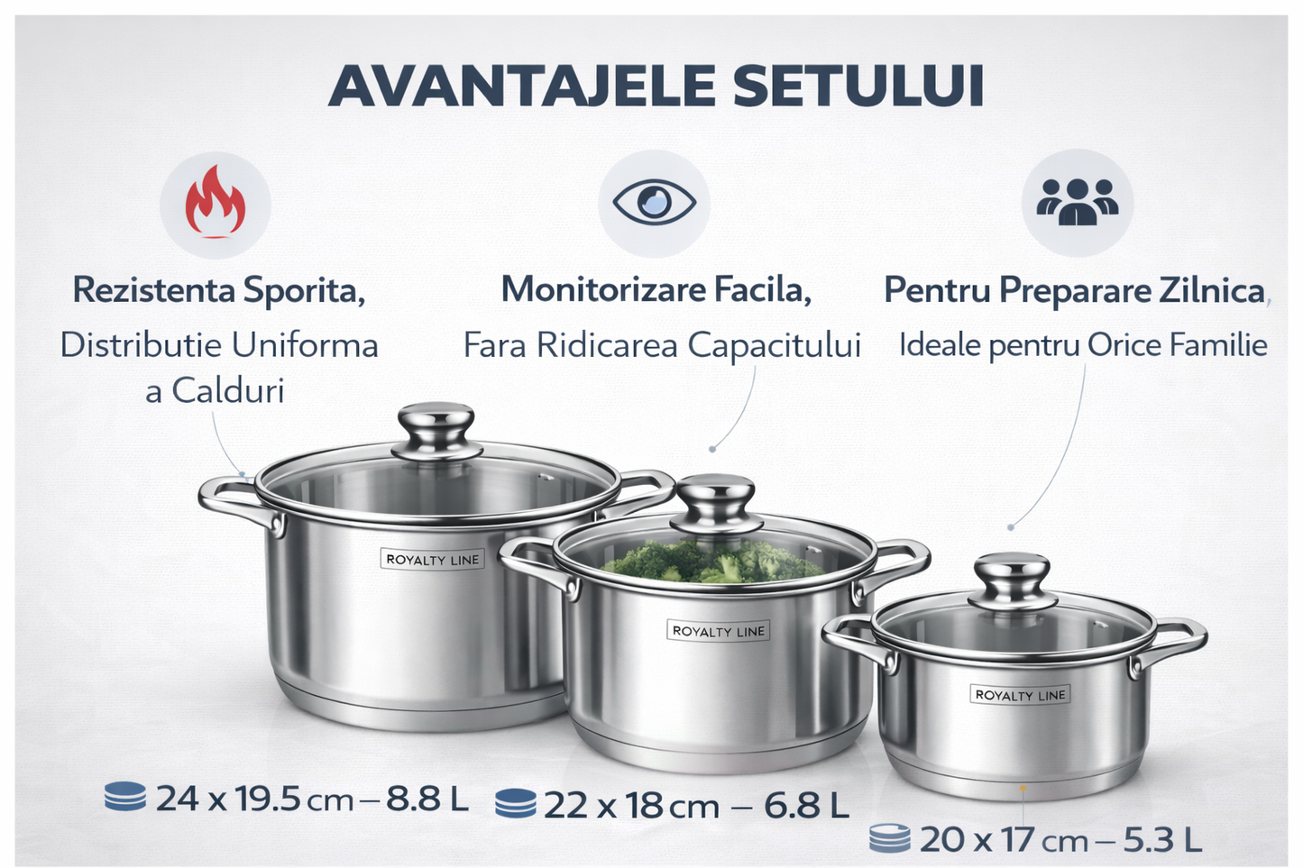 Set oale inox 6 piese, 3 oale cu capace, 5.3L, 6.8L si 8.8L