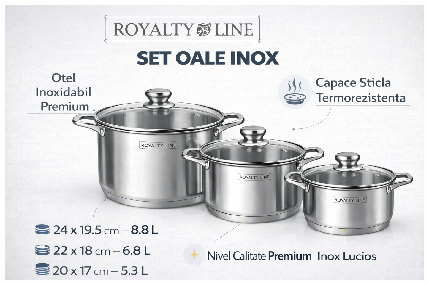 Set oale inox 6 piese, 3 oale cu capace, 5.3L, 6.8L si 8.8L