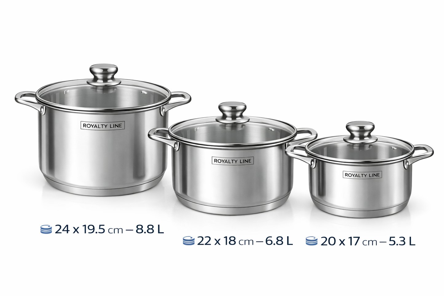 Set oale inox 6 piese, 3 oale cu capace, 5.3L, 6.8L si 8.8L