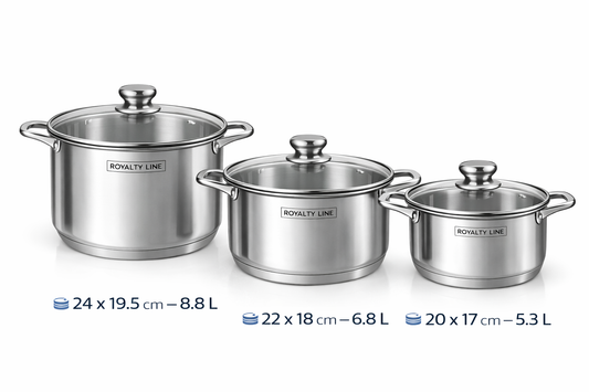 Set oale inox 6 piese, 3 oale cu capace, 5.3L, 6.8L si 8.8L