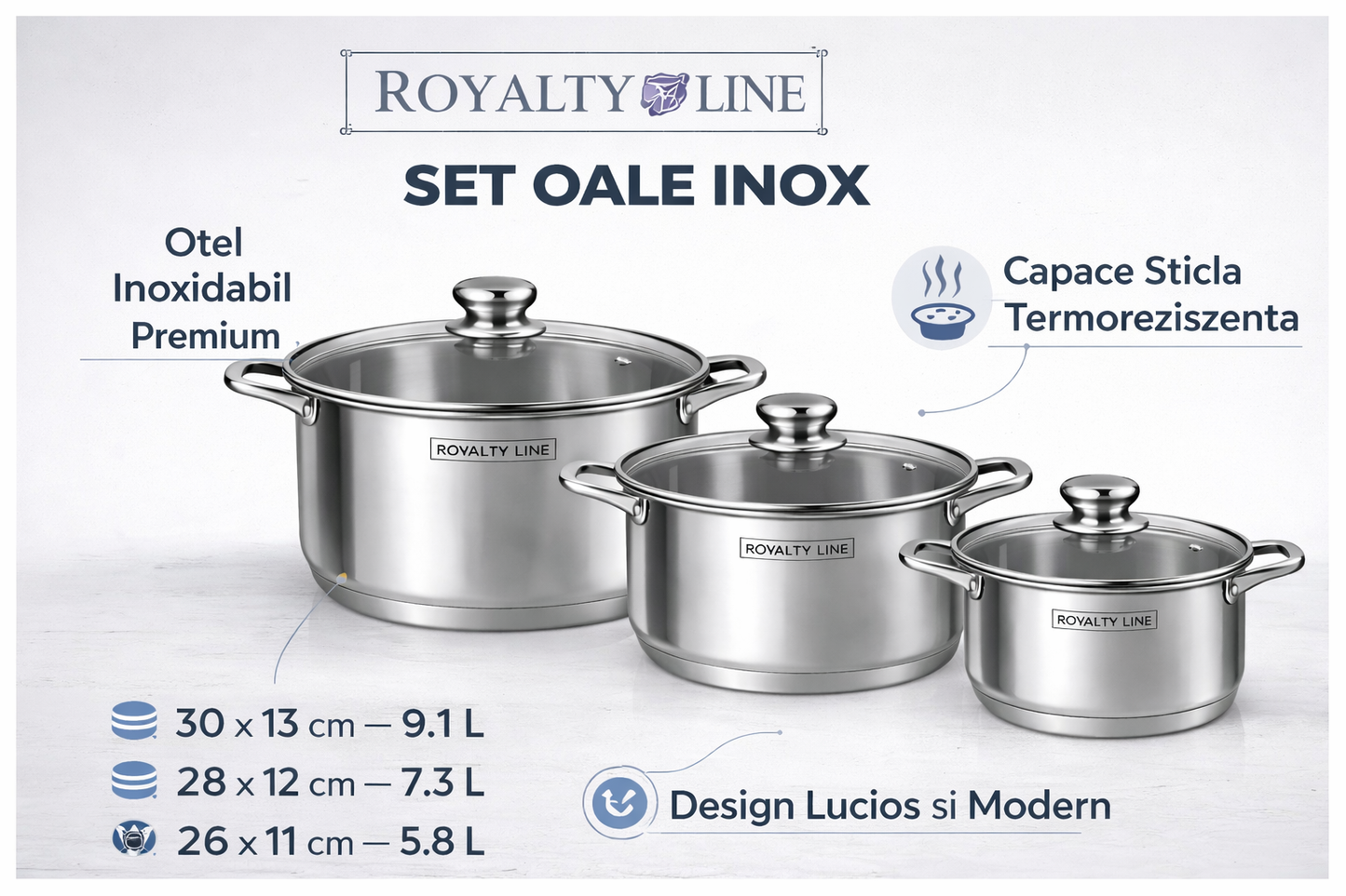 Set oale inox 6 piese, 3 oale cu capace, 5.8L, 7.3L si 9.1L
