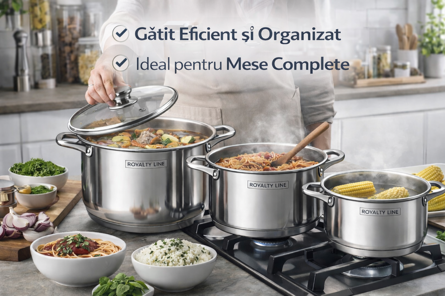 Set oale inox Royalty Line, 6 piese, capace din sticla, capacitate mare