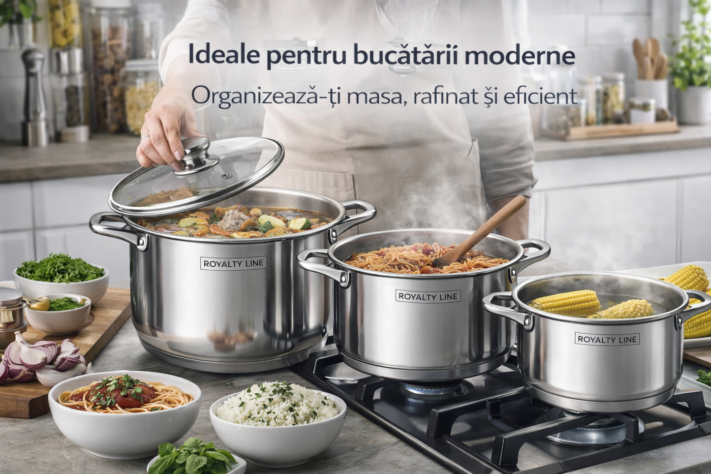Set oale inox Royalty Line, 6 piese, capace din sticla, capacitate mare