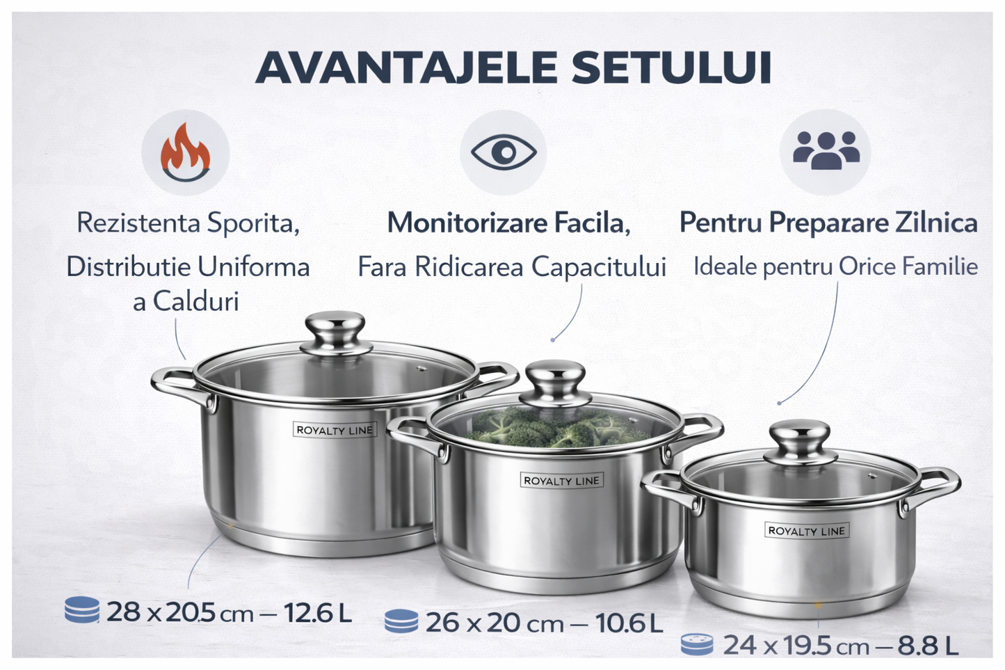 Set oale inox Royalty Line, 6 piese, capace din sticla, capacitate mare