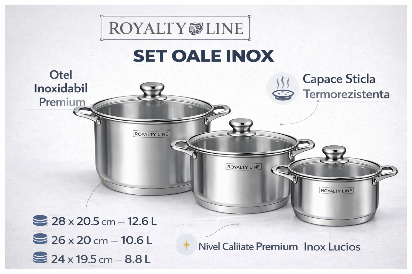 Set oale inox Royalty Line, 6 piese, capace din sticla, capacitate mare