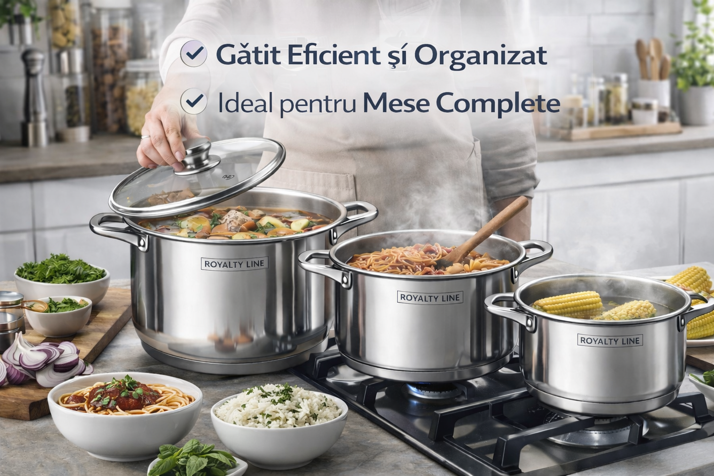 Set Oale Inox Royalty Line, 8 Piese, Capace din Sticla