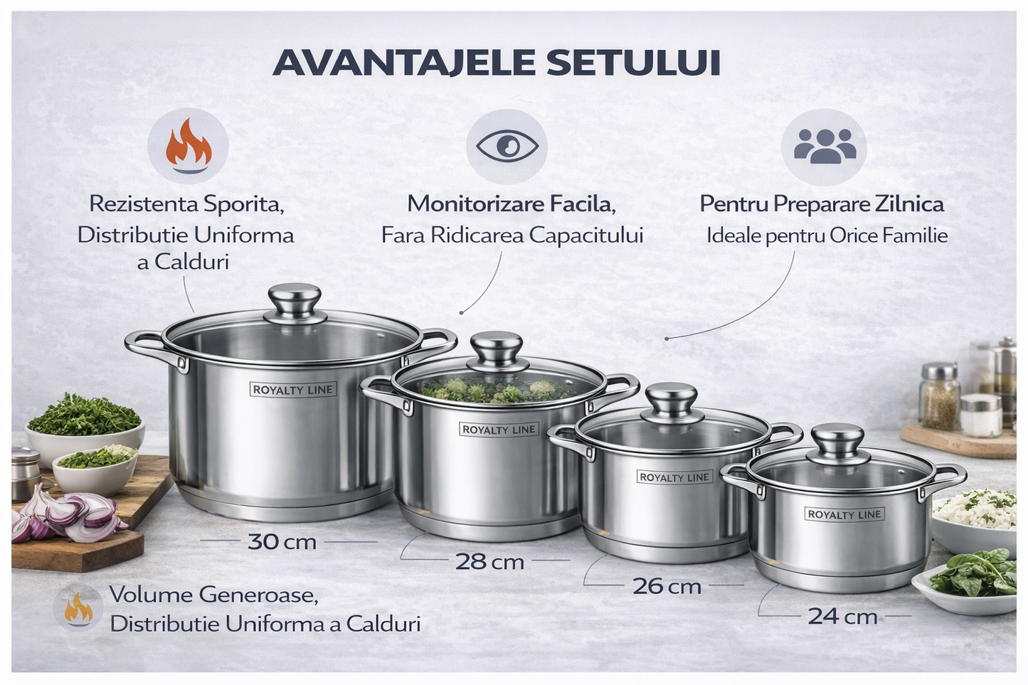 Set Oale Inox Royalty Line, 8 Piese, Capace din Sticla