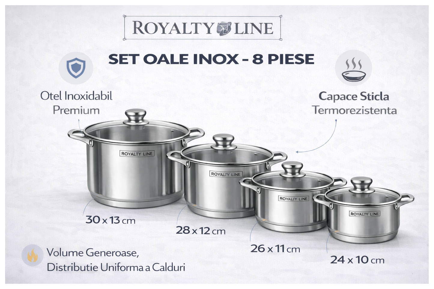 Set Oale Inox Royalty Line, 8 Piese, Capace din Sticla