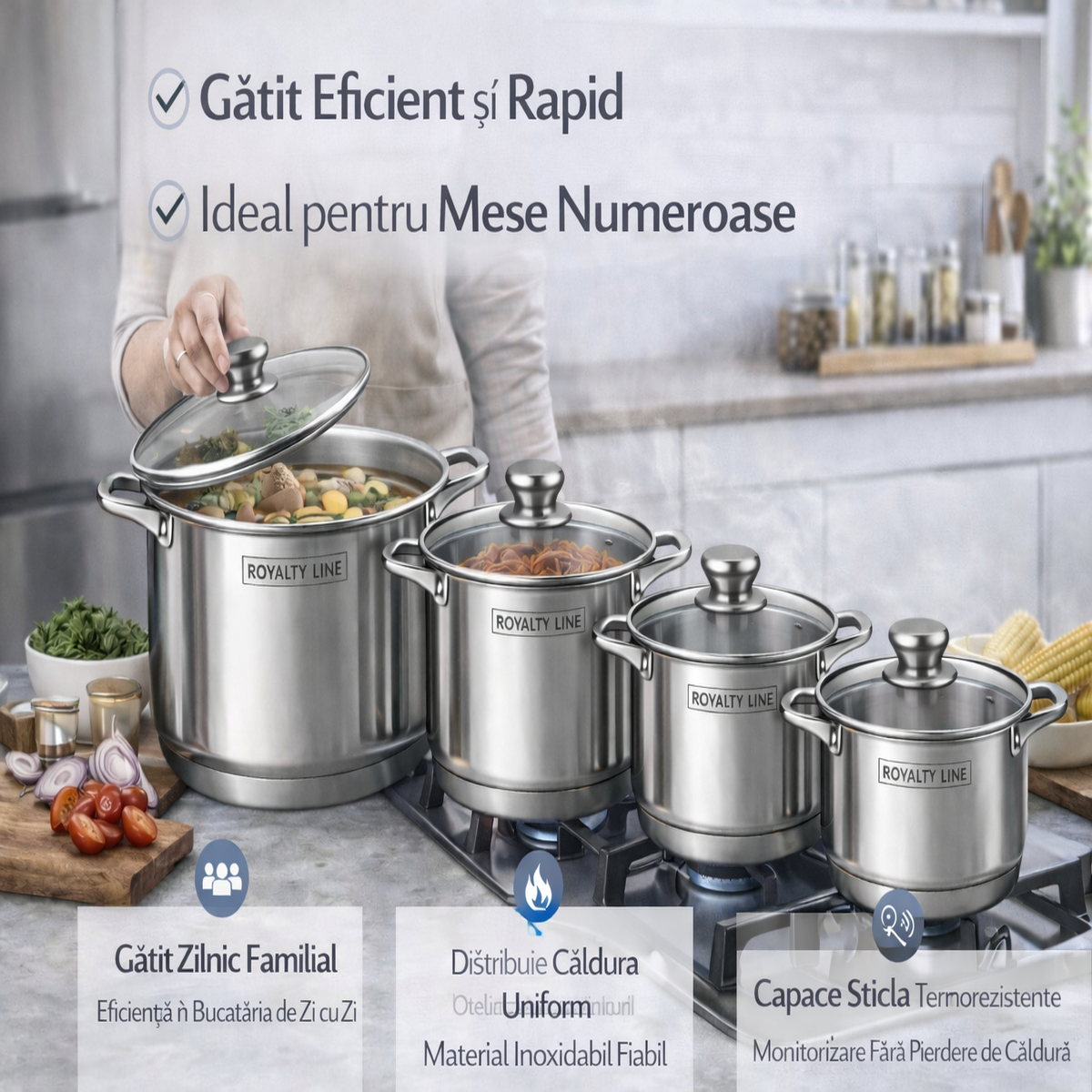 Set Oale Inox Premium 8 Piese, Capacitate Mare, Capace Sticla Termorezistenta, Royalty Line