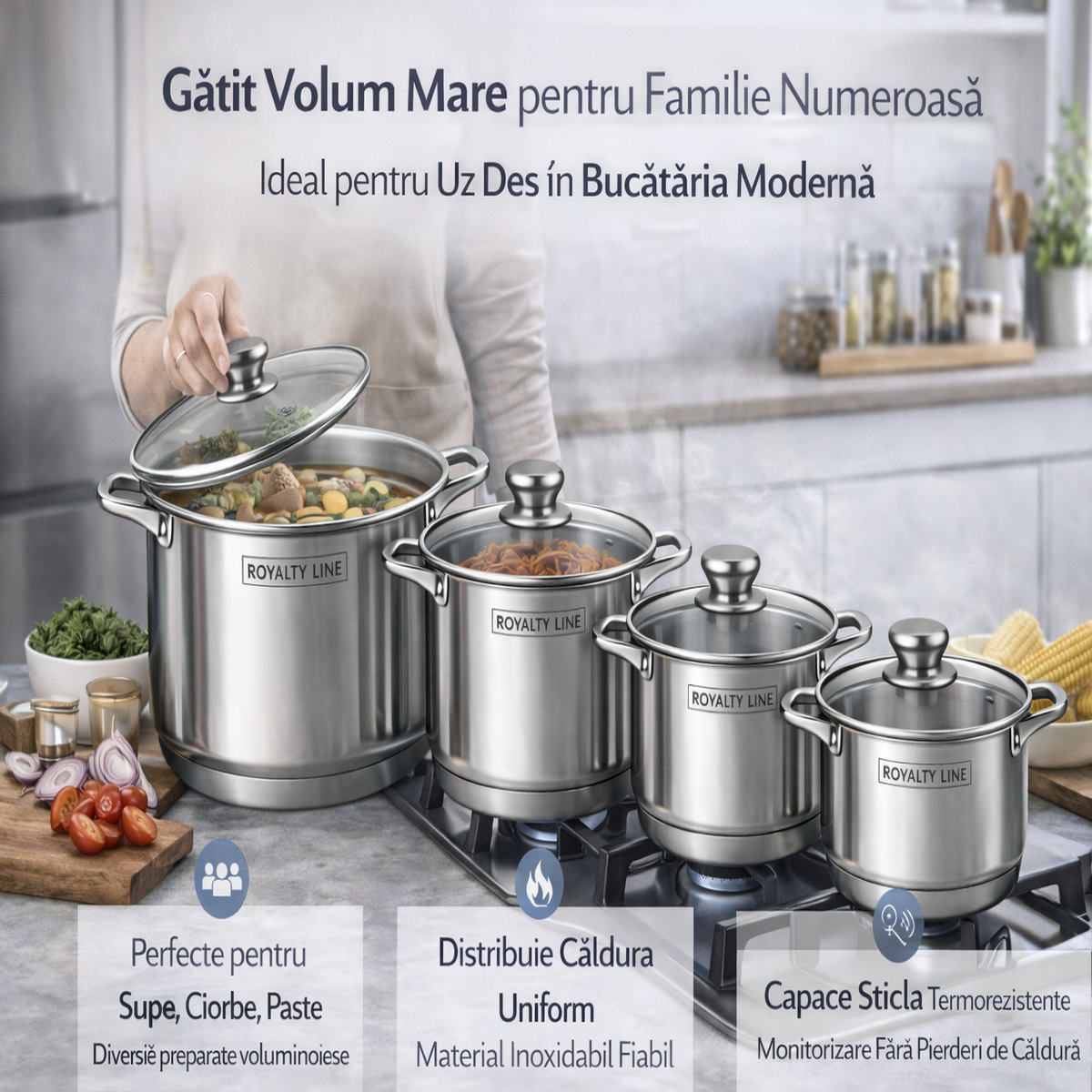 Set Oale Inox Premium 8 Piese, Capacitate Mare, Capace Sticla Termorezistenta, Royalty Line