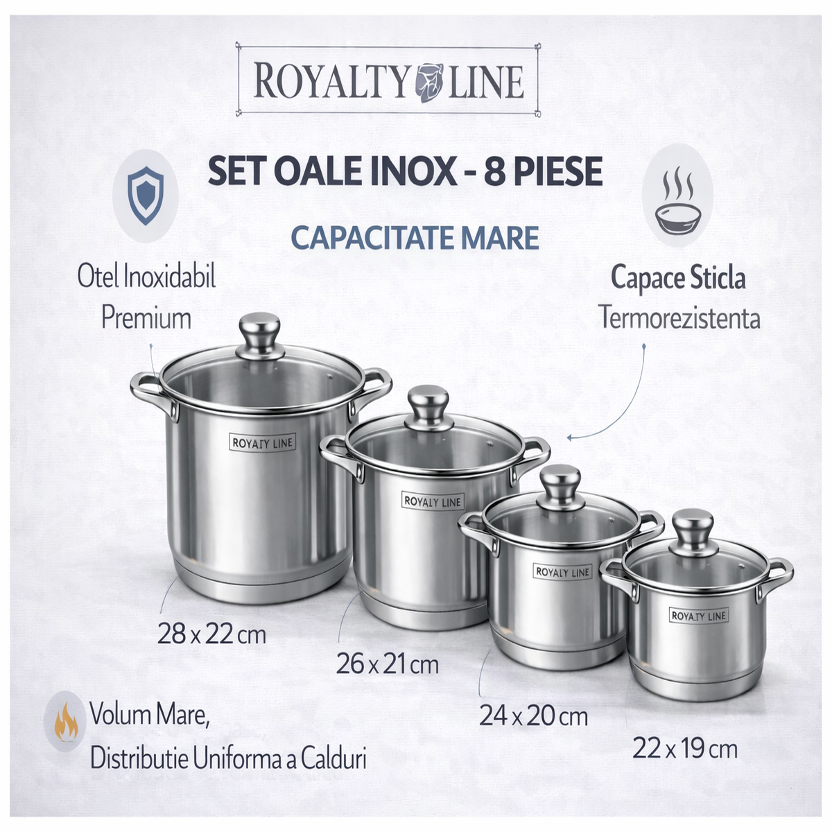 Set Oale Inox Premium 8 Piese, Capacitate Mare, Capace Sticla Termorezistenta, Royalty Line