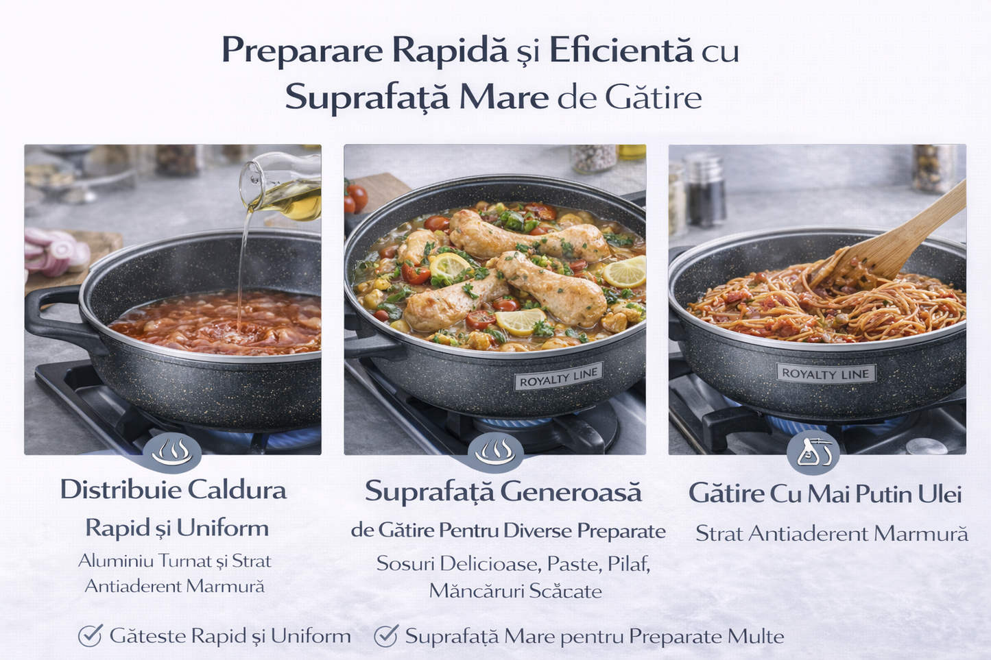 Oala Joasa din Aluminiu Turnat 28 cm, 4.1L, Acoperire Marmura, Capac Sticla, Royalty Line