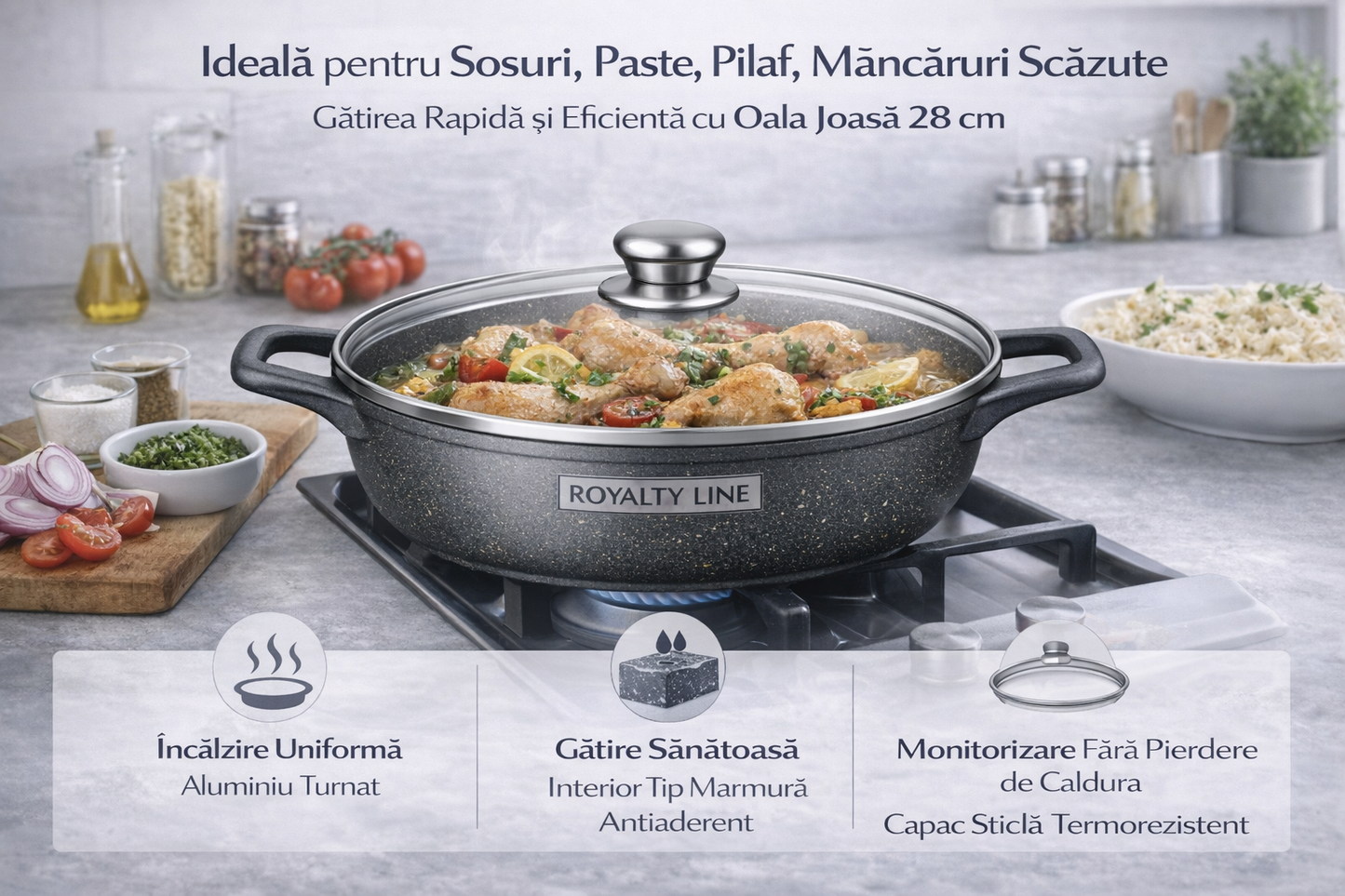 Oala Joasa din Aluminiu Turnat 28 cm, 4.1L, Acoperire Marmura, Capac Sticla, Royalty Line