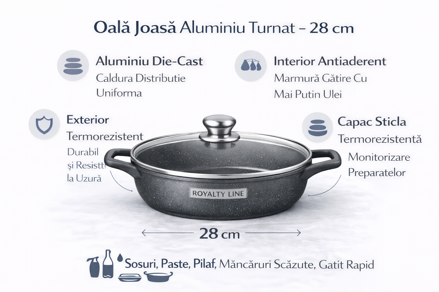 Oala Joasa din Aluminiu Turnat 28 cm, 4.1L, Acoperire Marmura, Capac Sticla, Royalty Line