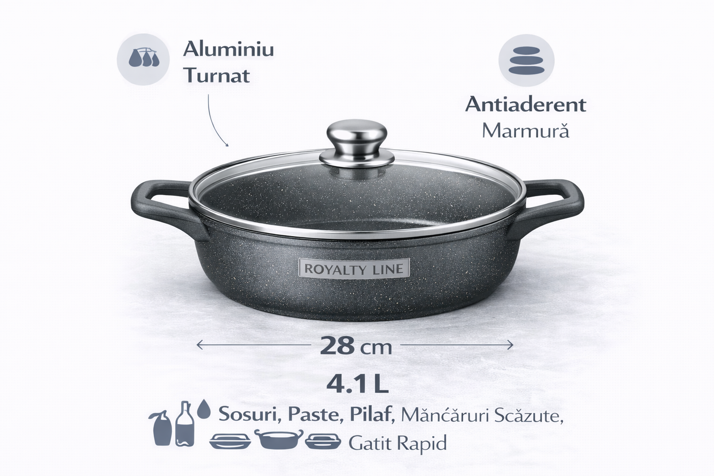 Oala Joasa din Aluminiu Turnat 28 cm, 4.1L, Acoperire Marmura, Capac Sticla, Royalty Line