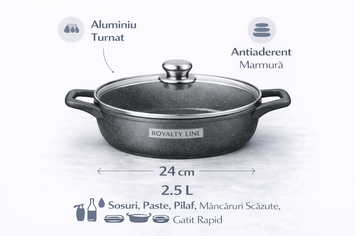 Oala Joasa din Aluminiu Turnat 24 cm, 2.5L, Acoperire Marmura, Capac Sticla, Royalty Line