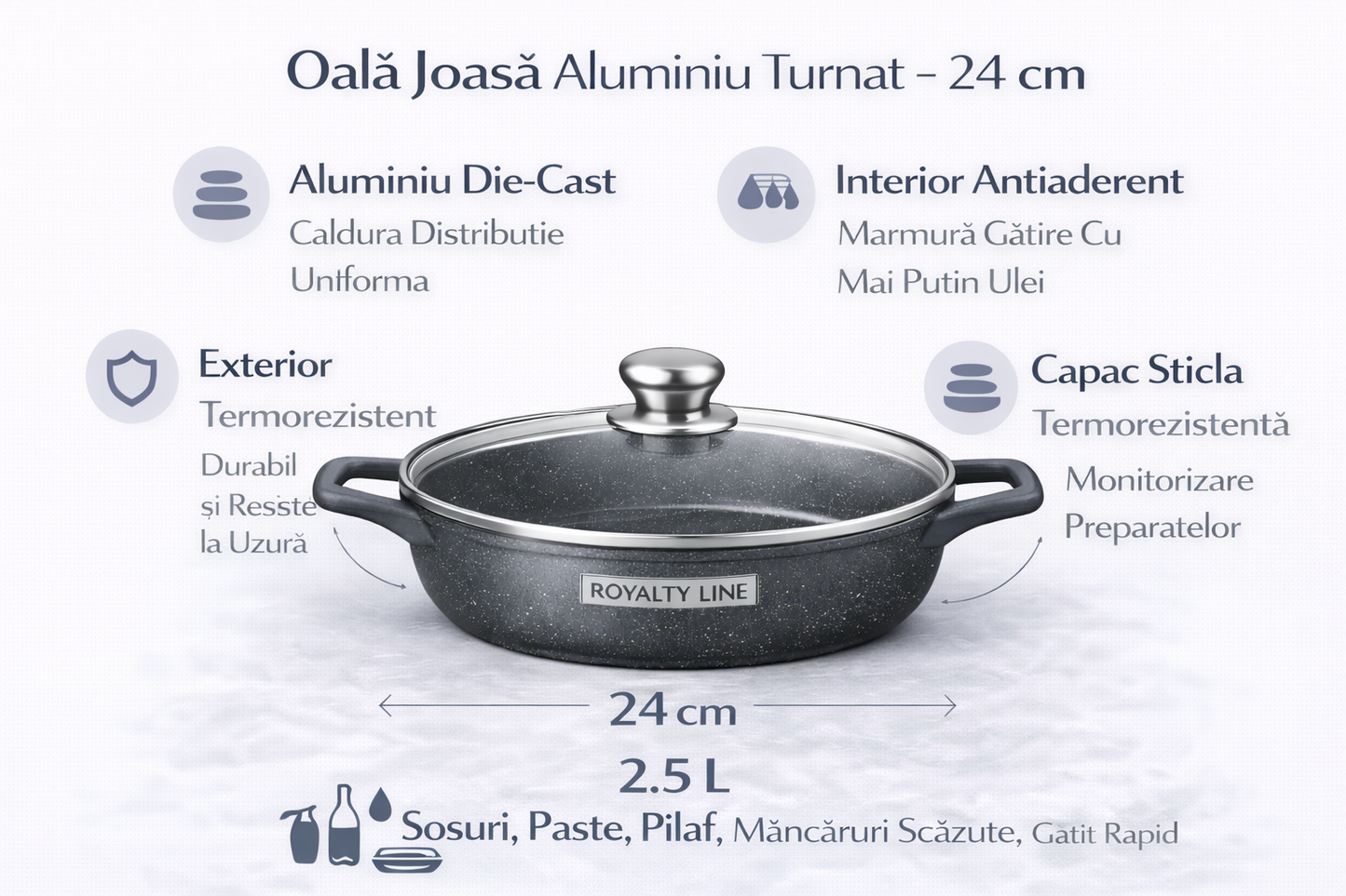 Oala Joasa din Aluminiu Turnat 24 cm, 2.5L, Acoperire Marmura, Capac Sticla, Royalty Line