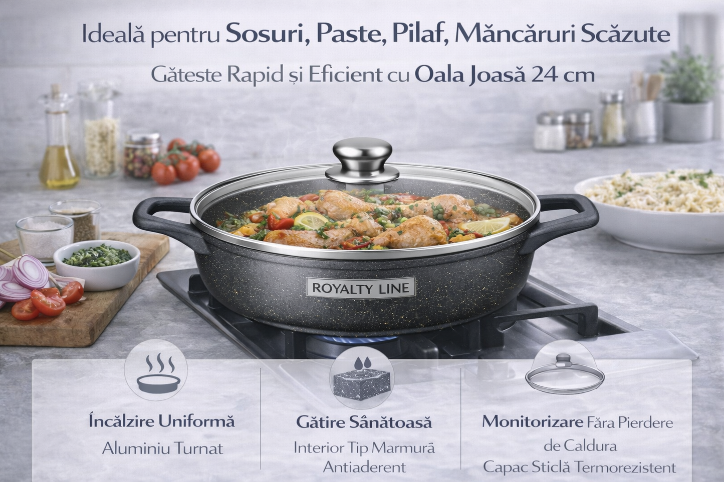 Oala Joasa din Aluminiu Turnat 24 cm, 2.5L, Acoperire Marmura, Capac Sticla, Royalty Line