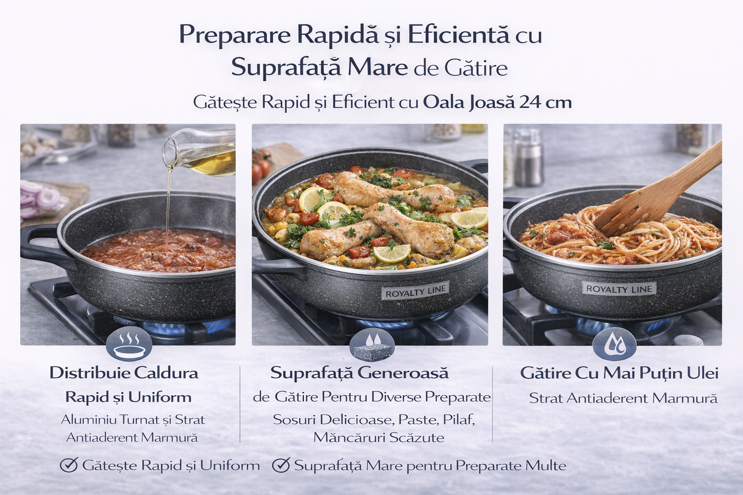 Oala Joasa din Aluminiu Turnat 24 cm, 2.5L, Acoperire Marmura, Capac Sticla, Royalty Line