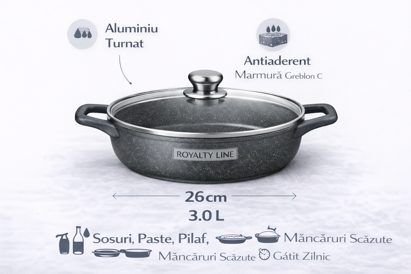 Oala Joasa din Aluminiu Turnat 26 cm, 3L, Capac Sticla, Royalty Line