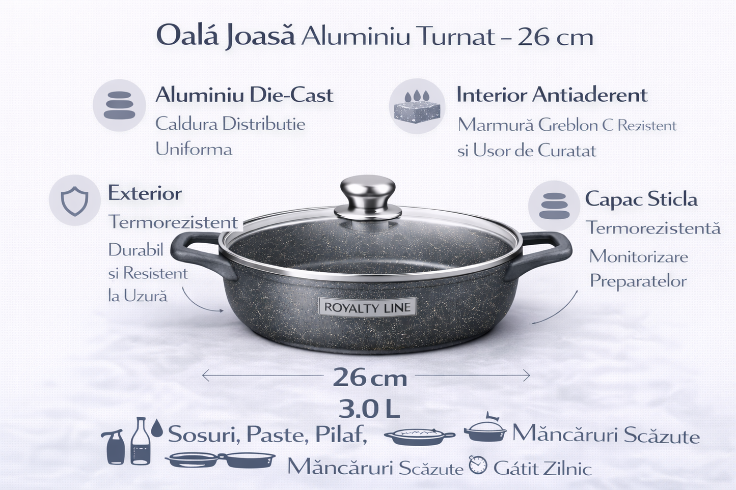 Oala Joasa din Aluminiu Turnat 26 cm, 3L, Capac Sticla, Royalty Line